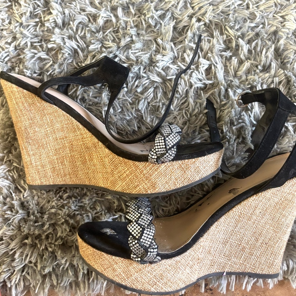 Black and Tan Wedge Sandals